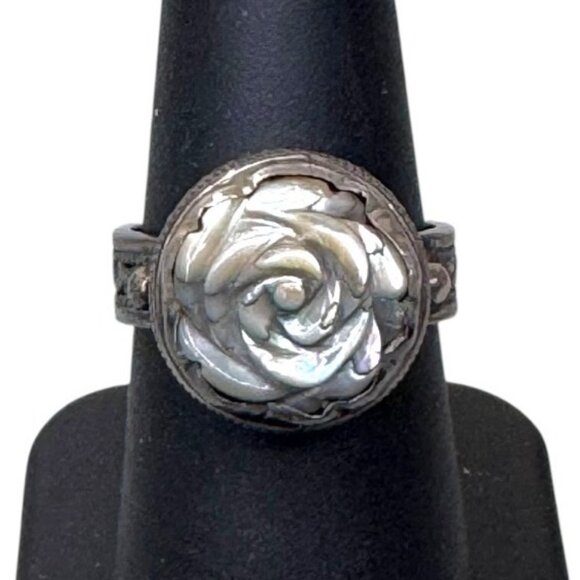 Vintage 925 Silver Rose Ring Carved Mother Of Pearl Cabochon Size 7 Art Deco - Picture 1 of 10